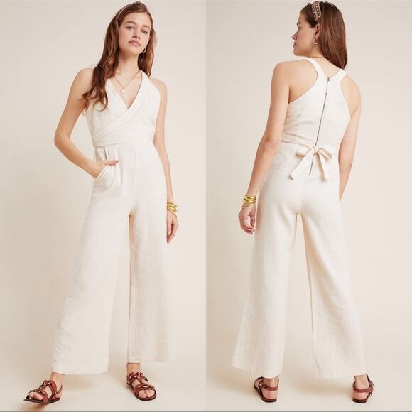 Anthropologie Women's Demi Textured Cream Surplice Neck Jumpsuit Size 8 - Picture 1 of 7